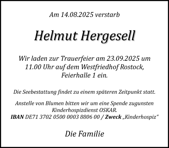 Traueranzeige von Helmut Hergesell von Norddeutsche Neueste Nachrichten