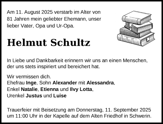 Traueranzeige von Helmut Schultz von SVZ / NNN / PRI Gesamt