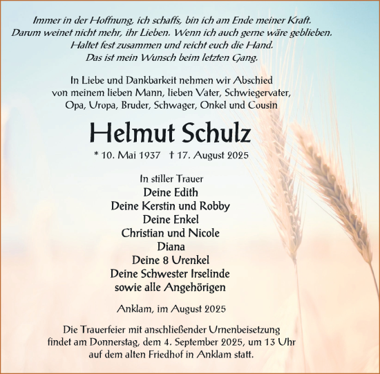 Traueranzeige von Helmut Schulz von Nordkurier Vorpommern Kurier