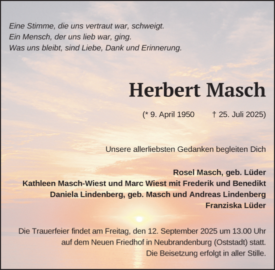 Traueranzeige von Herbert Masch von Nordkurier Neubrandenburger Zeitung