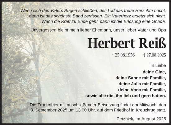 Traueranzeige von Herbert Reiß von Uckermark Kurier Templiner Zeitung