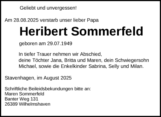 Traueranzeige von Heribert Sommerfeld von Nordkurier Neubrandenburger Zeitung