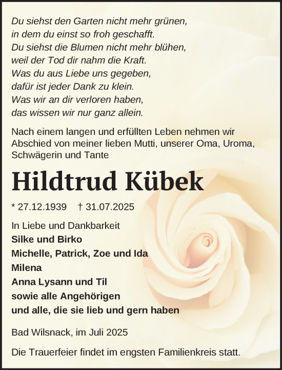 Traueranzeige von Hildtrud Kübek von Der Prignitzer, Prignitz Express