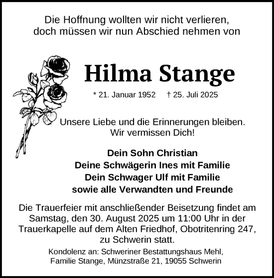 Traueranzeige von Hilma Stange von Zeitung für die Landeshauptstadt