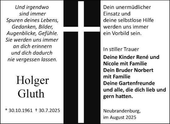 Traueranzeige von Holger Gluth von Nordkurier Neubrandenburger Zeitung