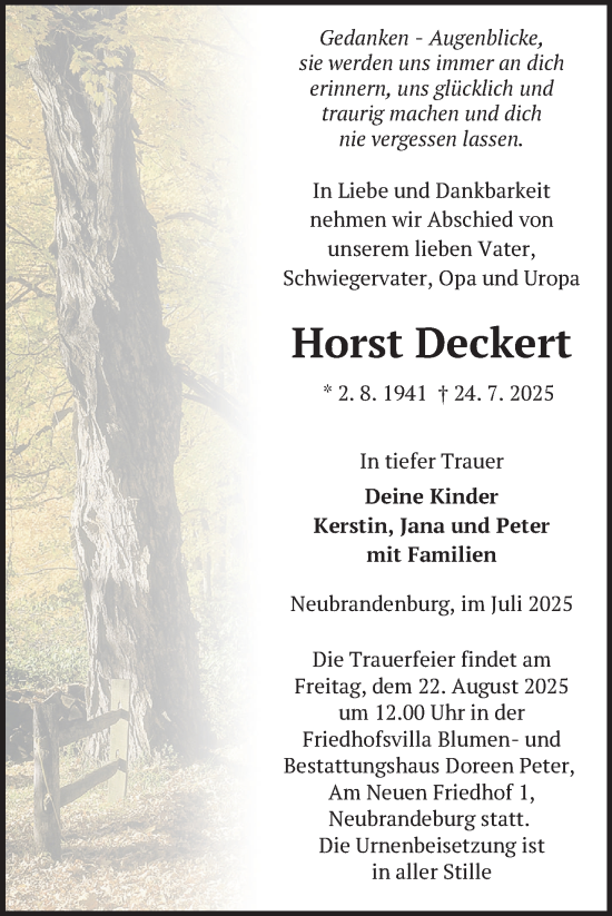 Traueranzeige von Horst Deckert von Nordkurier Neubrandenburger Zeitung
