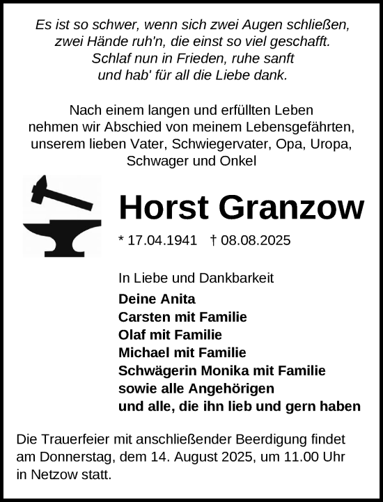 Traueranzeige von Horst Granzow von Der Prignitzer, Prignitz Express