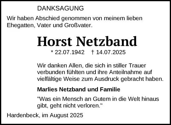 Traueranzeige von Horst Netzband von Uckermark Kurier Templiner Zeitung