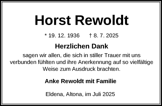 Traueranzeige von Horst Rewoldt von Ludwigsluster Tageblatt