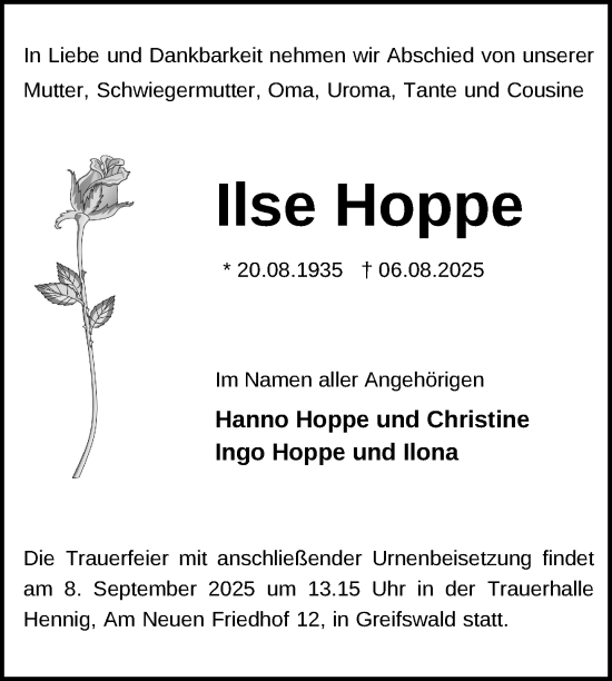 Traueranzeige von Ilse Hoppe von Nordkurier Vorpommern Kurier