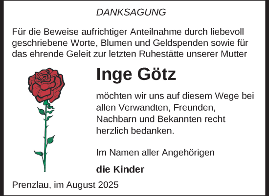 Traueranzeige von Inge Götz von Uckermark Kurier Prenzlauer Zeitung