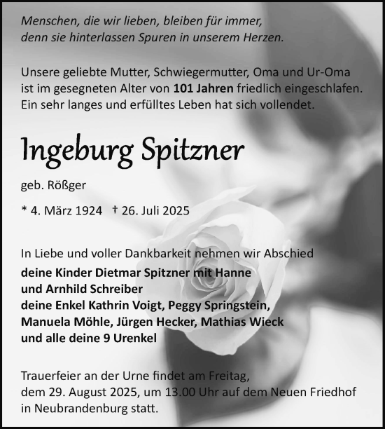 Traueranzeige von Ingeburg Spitzner von Nordkurier Neubrandenburger Zeitung