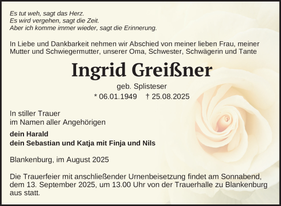 Traueranzeige von Ingrid Greißner von Uckermark Kurier Prenzlauer Zeitung