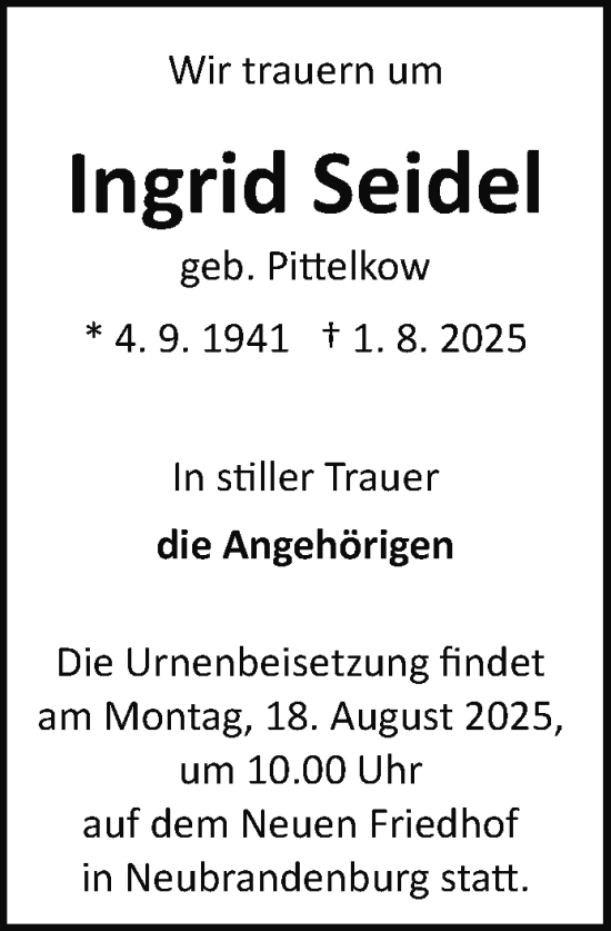 Traueranzeige von Ingrid Seidel von Nordkurier Neubrandenburger Zeitung