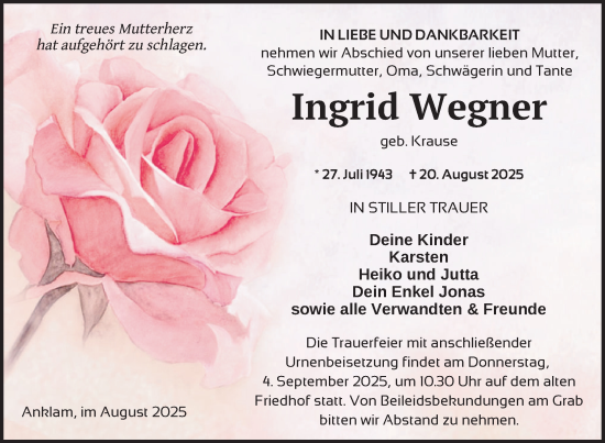 Traueranzeige von Ingrid Wegner von Nordkurier Vorpommern Kurier