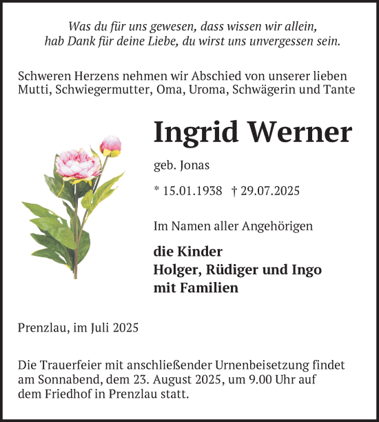 Traueranzeige von Ingrid Werner von Uckermark Kurier Prenzlauer Zeitung