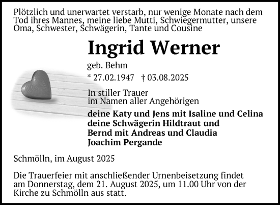 Traueranzeige von Ingrid Werner von Uckermark Kurier Prenzlauer Zeitung