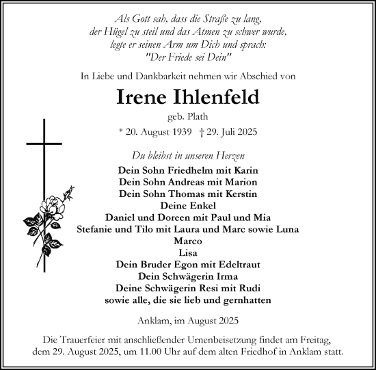 Traueranzeige von Irene Ihlenfeld von Nordkurier Vorpommern Kurier