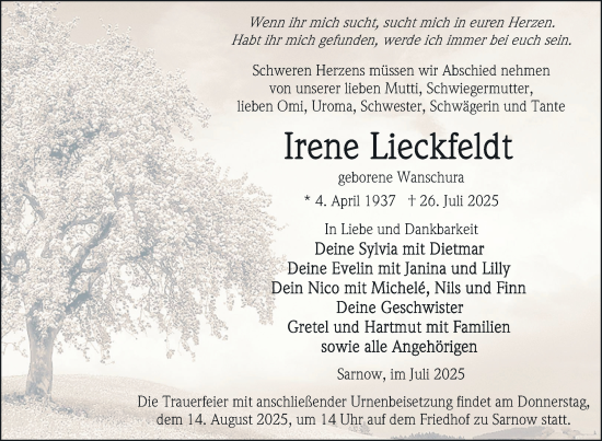 Traueranzeige von Irene Lieckfeldt von Nordkurier Vorpommern Kurier