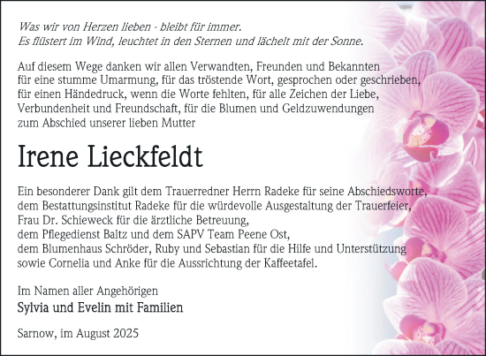 Traueranzeige von Irene Lieckfeldt von Nordkurier Vorpommern Kurier