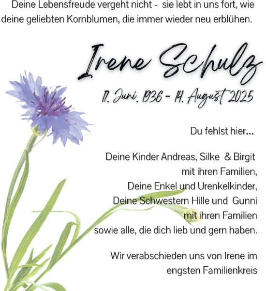 Traueranzeige von Irene Schulz von Norddeutsche Neueste Nachrichten