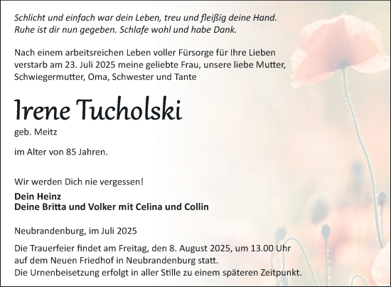 Traueranzeige von Irene Tucholski von Nordkurier Neubrandenburger Zeitung