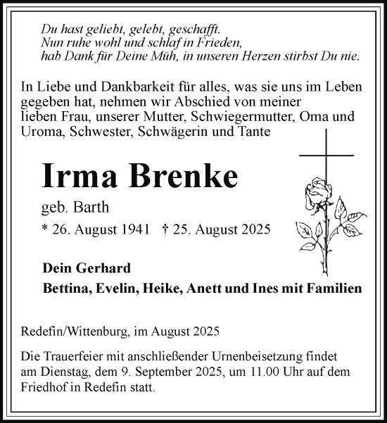 Traueranzeige von Irma Brenke von Hagenower Kreisblatt