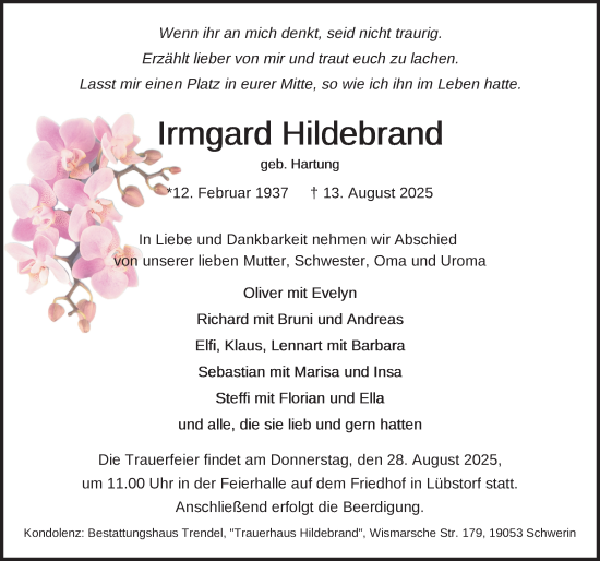 Traueranzeige von Irmgard Hildebrand von Zeitung für die Landeshauptstadt