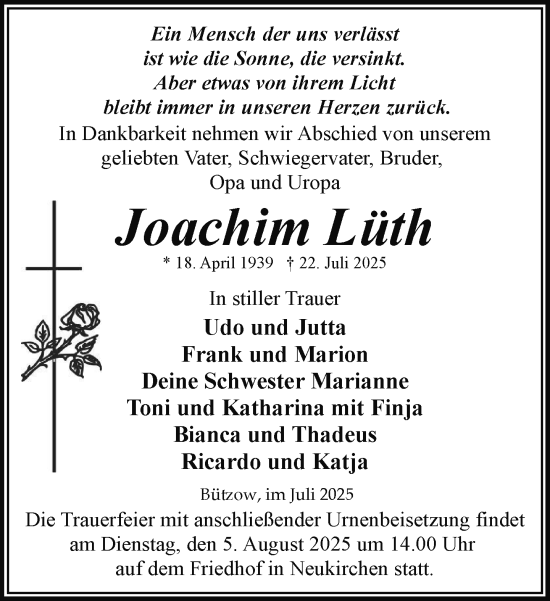 Traueranzeige von Joachim Lüth von Güstrow und Bützow