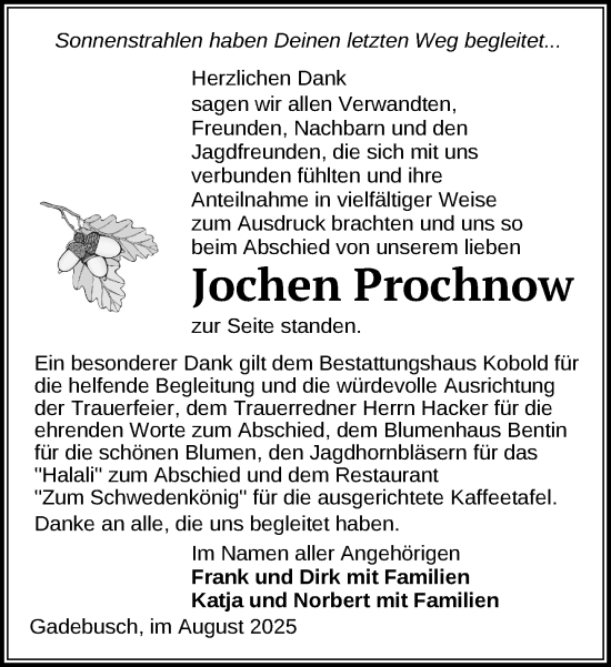 Traueranzeige von Jochen Prochnow von Gadebusch - Rehnaer Zeitung