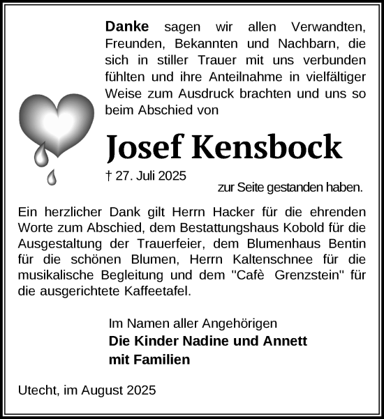Traueranzeige von Josef Kensbock von Gadebusch - Rehnaer Zeitung