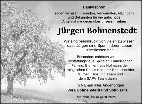 Traueranzeige von Jürgen Bohnenstedt von Nordkurier Mecklenburger Schweiz