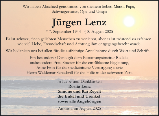 Traueranzeige von Jürgen Lenz von Nordkurier Vorpommern Kurier