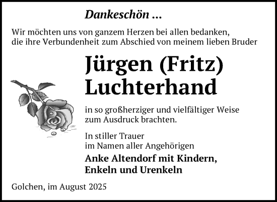 Traueranzeige von Jürgen Luchterhand von Nordkurier Neubrandenburger Zeitung