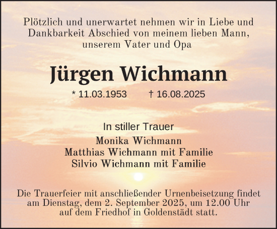 Traueranzeige von Jürgen Wichmann von Zeitung für die Landeshauptstadt