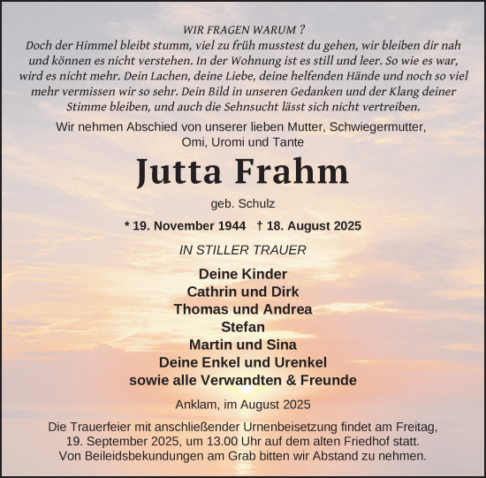 Traueranzeige von Jutta Frahm von Nordkurier Vorpommern Kurier