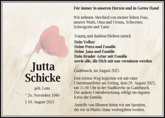 Traueranzeige von Jutta Schicke von Gadebusch - Rehnaer Zeitung