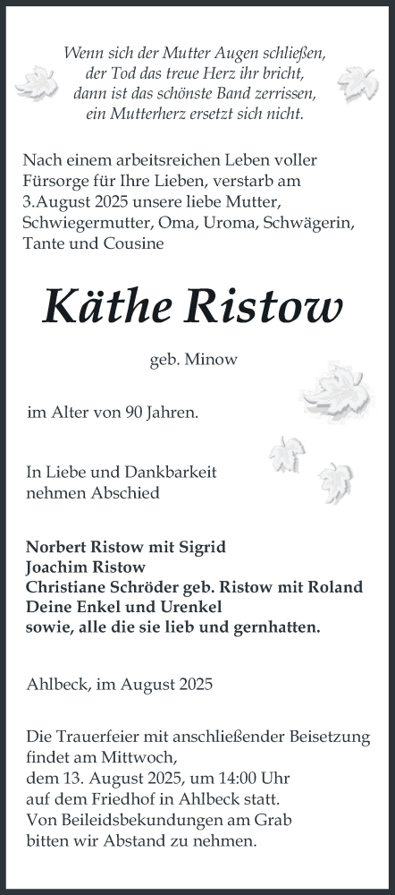Traueranzeige von Käthe Ristow von Nordkurier Haff-Zeitung