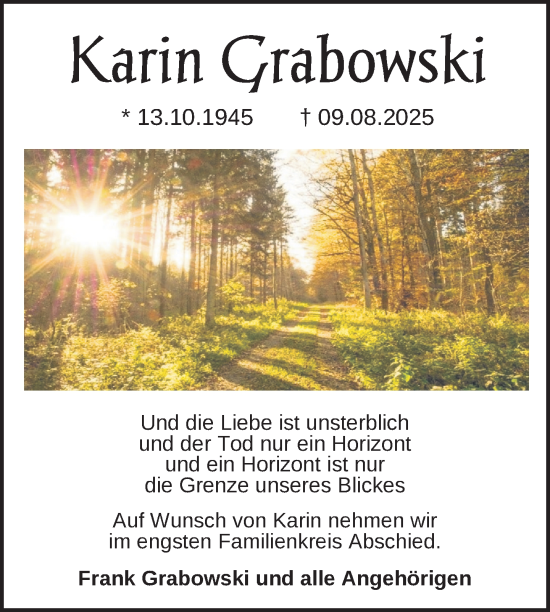 Traueranzeige von Karin Grabowski von Nordkurier Neubrandenburger Zeitung
