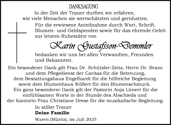 Traueranzeige von Karin Gustafsson-Demmler von Nordkurier Müritz-Zeitung