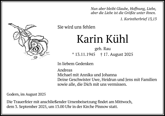 Traueranzeige von Karin Kühl von Zeitung für die Landeshauptstadt