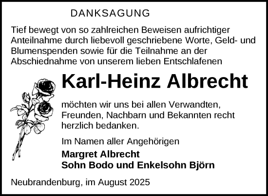 Traueranzeige von Karl-Heinz Albrecht von Nordkurier Neubrandenburger Zeitung