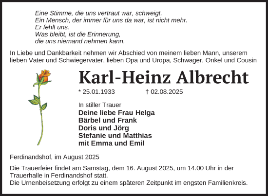 Traueranzeige von Karl-Heinz Albrecht von Nordkurier Haff-Zeitung