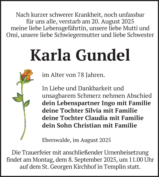 Traueranzeige von Karla Gundel von Uckermark Kurier Templiner Zeitung