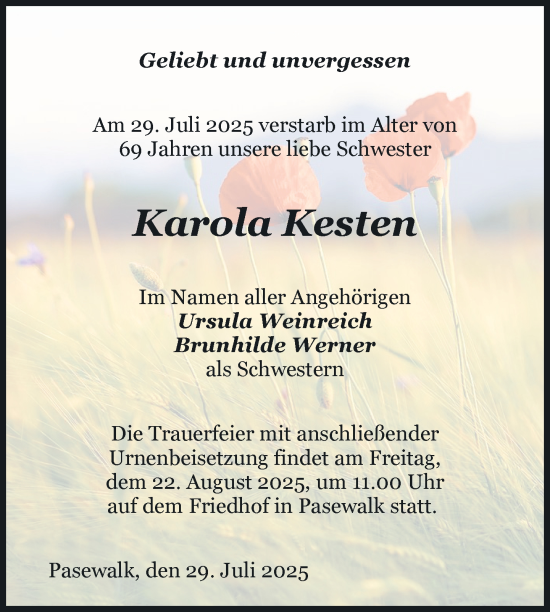 Traueranzeige von Karola Kesten von Nordkurier Pasewalker Zeitung