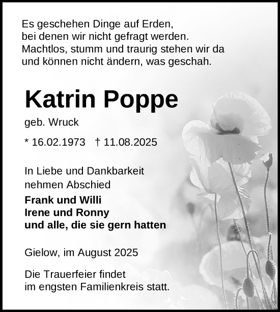 Traueranzeige von Katrin Poppe von Nordkurier Mecklenburger Schweiz