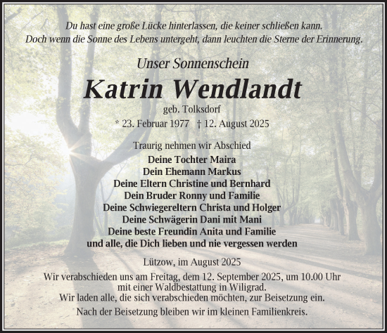 Traueranzeige von Katrin Wendlandt von Gadebusch - Rehnaer Zeitung