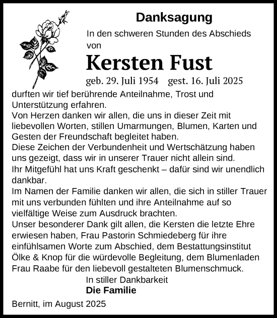 Traueranzeige von Kersten Fust von Güstrow und Bützow