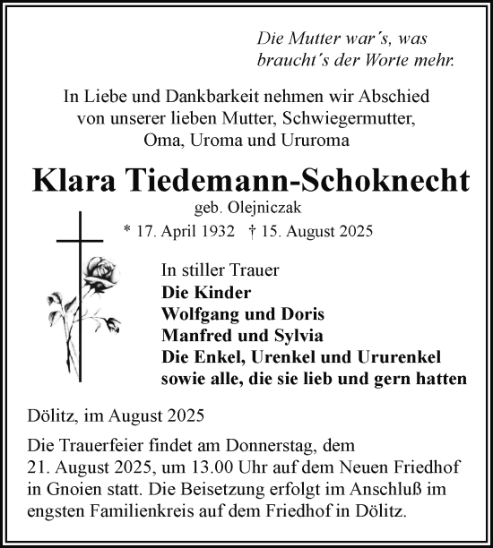 Traueranzeige von Klara Tiedemann-Schoknecht von Nordkurier Mecklenburger Schweiz
