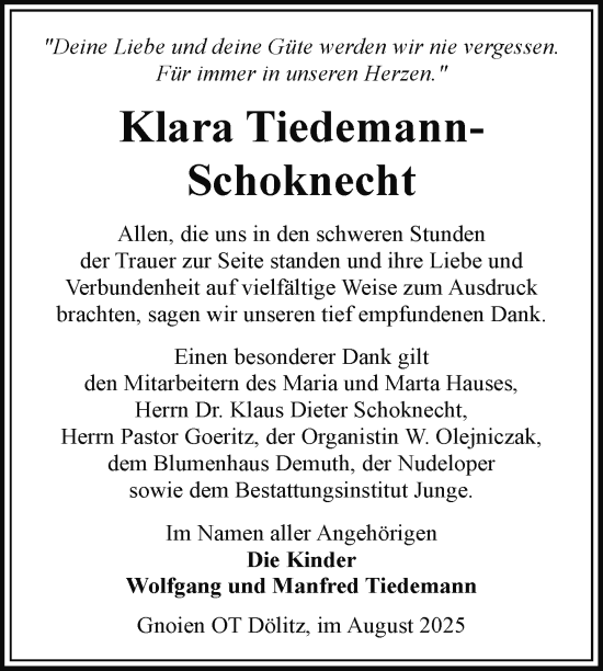 Traueranzeige von Klara Tiedemann-Schoknecht von Nordkurier Mecklenburger Schweiz